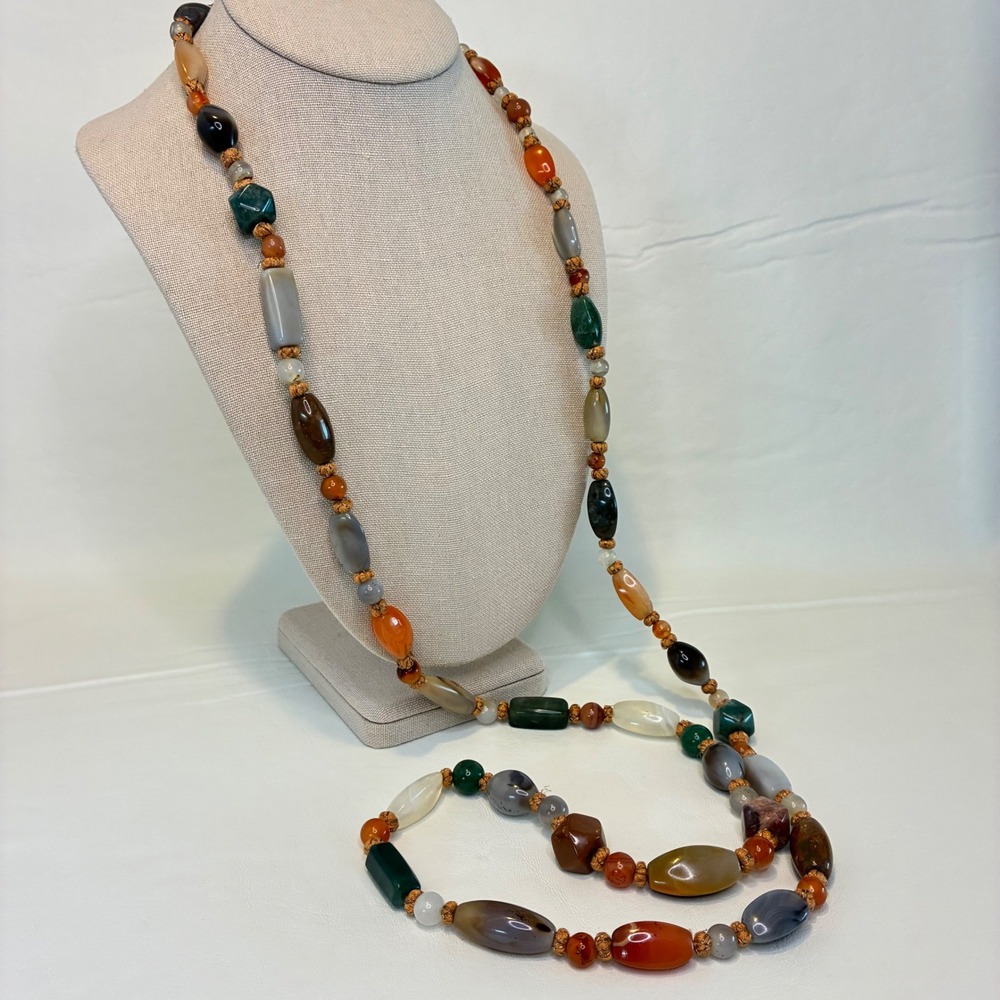 Vintage Necklace Hand Knotted Mixed Gemstone Agate Carnelian Long Strand 50" - Picture 2 of 13